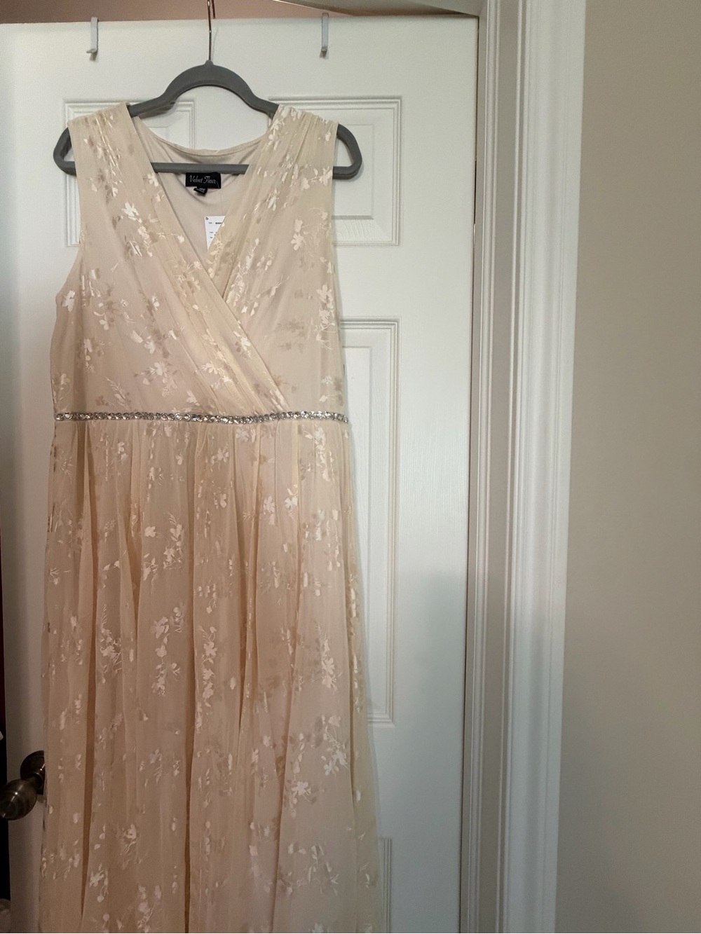 Violet & Claire Champagne Lace Maxi Dress with Beaded Waist
